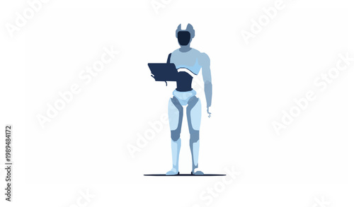 Cute humanoid AI robot character using tablet for process monitoring vector illustration