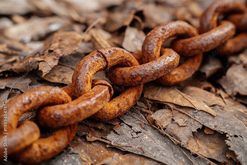 Fototapeta premium Close-up of a rusty metal chain lying on dry autumn leaves, symbolizing decay and the passage of time.