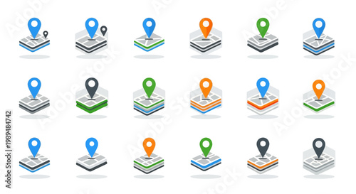 Colorful map location pin icons.
