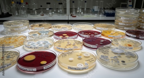 Microbial Cultures in Petri Dishes in a Laboratory