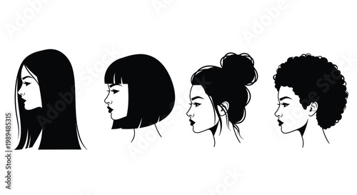 Four diverse women s faces in a minimalist black and white illustration