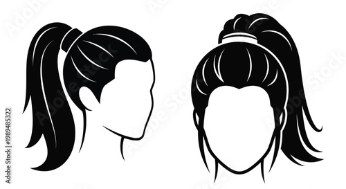 Two black and white illustrations of women s hairstyles with long hair