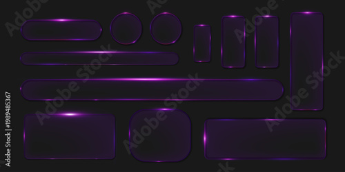 Glass liquid boxes frames purple, Glass interface buttons, Geometric transparent plastic frames for ui ux web design