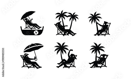 People relaxing on beach chairs vector set under palms and umbrellas silhouette collection.