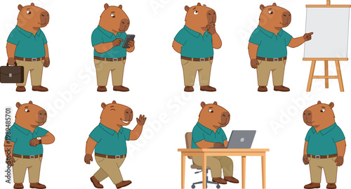 
Professional humanized capybara character poses with teal polo shirt khaki trousers briefcase thinking presenting for business corporate mascot branding design
