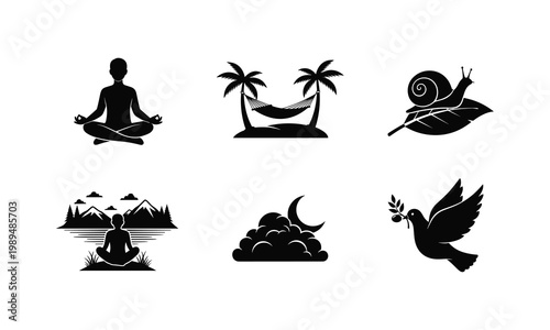Set of six vector tranquil silhouettes with meditation, hammock, and nature illustration.