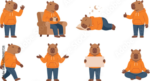 Humanized capybara character poses with calm expression orange hoodie blue jeans waving sleeping meditating zen for relaxed peaceful mascot branding design