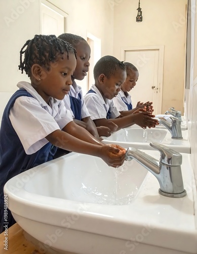Group Of African School Children Washing Their Hands At A Row Of White Sinks In A Bright Bathroom