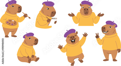 Creative humanized capybara character poses with purple beret yellow sweater painting sketching artistic peaceful for artist designer mascot branding design