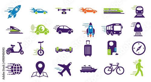 Collection of various travel transportation icons.