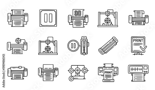 set of icons Printing workflow icons large format printer 3D printer plotter electronics outline vector line set
