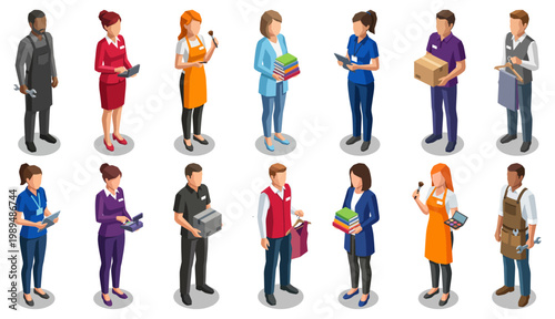 Service staff with professional tools at work | Set of isometric industry characters representing diverse employees in commercial retail style