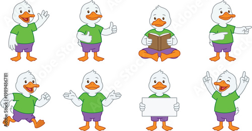 Humanized duck character poses with round white body orange beak green t-shirt purple shorts waving reading running for friendly mascot branding design