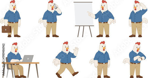 Professional humanized chicken character poses with white feathers red comb blue shirt khaki trousers briefcase laptop for business corporate mascot branding design