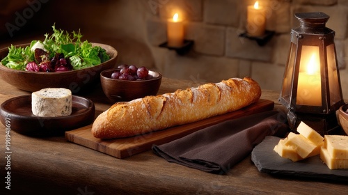 French style dinner setup with baguette and cheese platter, no people, copy space