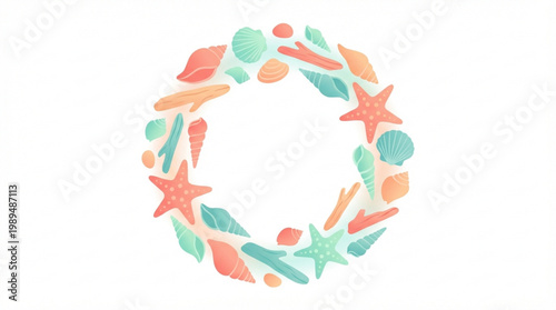 Watercolor Wreath of Seashells and Starfish.