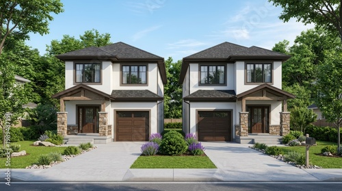 Modern twin houses exterior facade real estate development suburban homes.