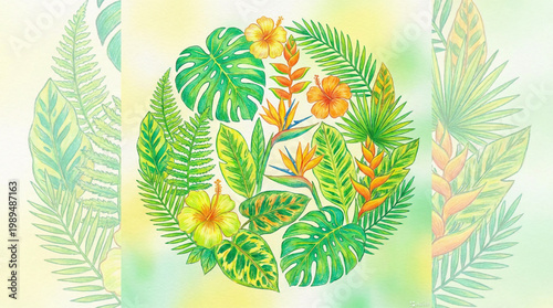 Vibrant Tropical Foliage and Flowers Arrangement.