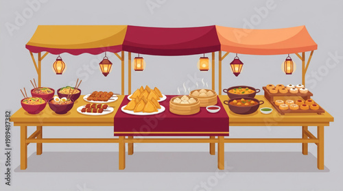 Street Food Market Stall Displaying Diverse Cuisine.