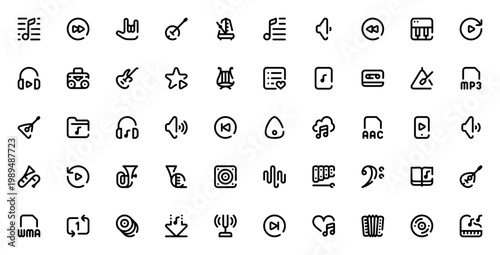 Music icon set. Vector music symbols collection. Includes note, piano, guitar, headphones, speaker, volume, playlist, mp3, vinyl and more. Editable thin line icons.