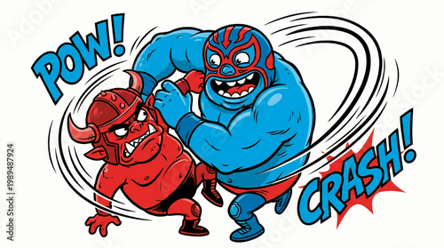 Cartoon wrestler fighting a devil character with action words.
