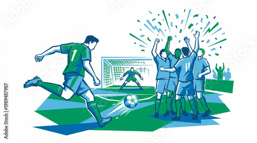 Soccer player kicks ball towards goal with celebrating teammates.