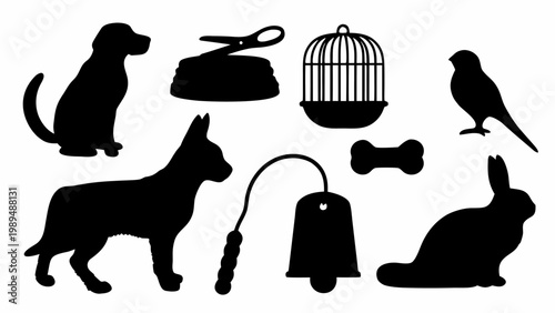 Diverse collection of domestic animal silhouettes including a playful dog a curious cat a hopping rabbit and a chirping bird alongside essential pet care items like a food bowl