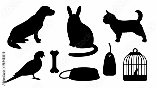 Diverse silhouette collection of domesticated animals and pet accessories including dog cat rabbit parrot bone food bowl water dish and cage presented on a clean white background