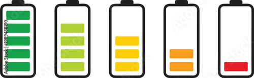 Battery level indicator set showing charge stages from full to empty with colorful status bars. Clean modern energy icons for mobile apps, power management, charging status and UI design.