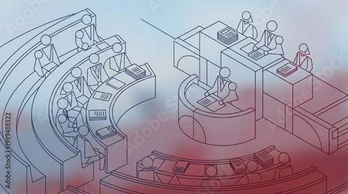 Illustration of a modern courtroom with judges and legal professionals.