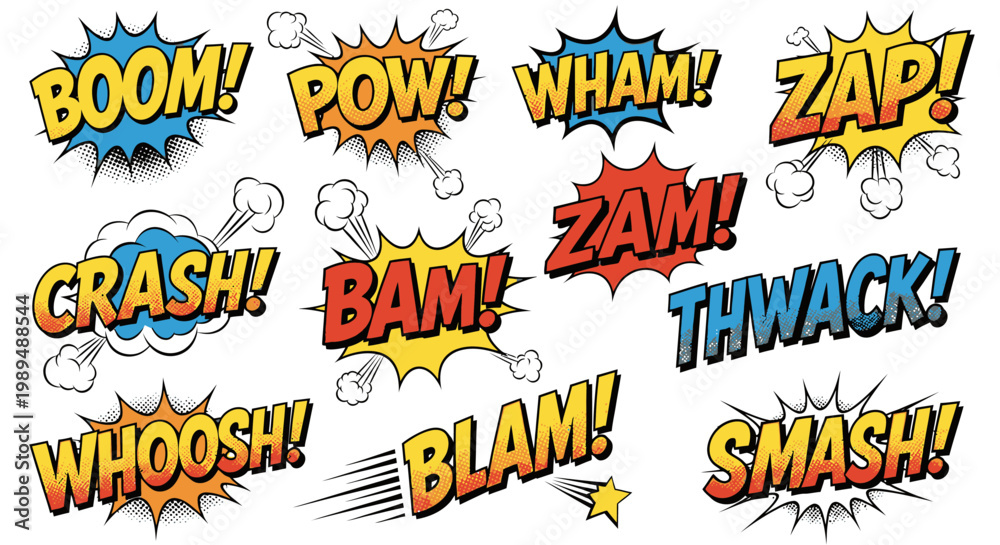 Fototapeta premium Comic book sound effect bubbles with action words set