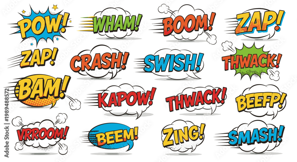 Naklejka premium Comic book sound effect bubbles with onomatopoeia collection
