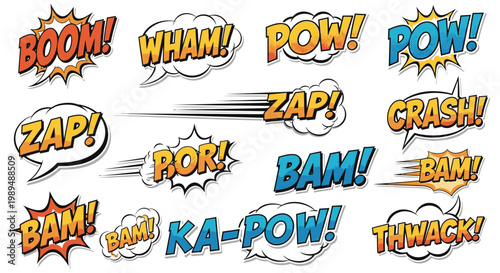 Comic book sound effect bubbles with boom pow and zap