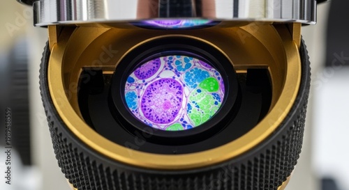 Microscope Eyepiece Viewing Colorful Biological Cells