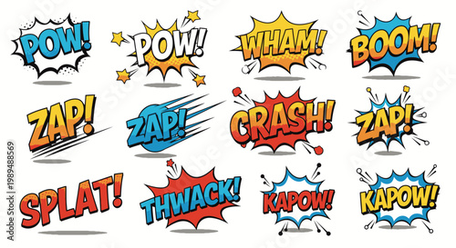 Comic book sound effect bubbles with explosive onomatopoeia words