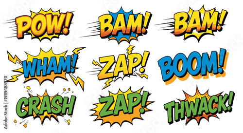 Comic book sound effect bubbles with explosion bursts and text