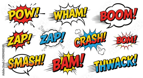 Comic book sound effect bubbles with onomatopoeia on white