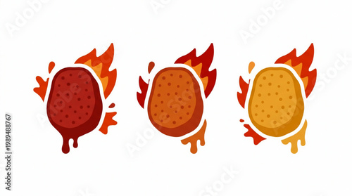 Three Hot Food Items With Flames And Dripping Sauce.