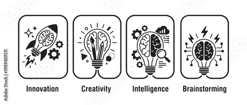 Four black and white depicting innovation, creativity, intelligence, and brainstorming with lightbulb brains