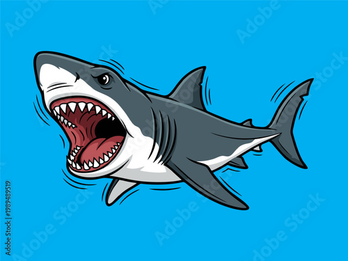Angry Great White Shark Cartoon Illustration Isolated on blue Background