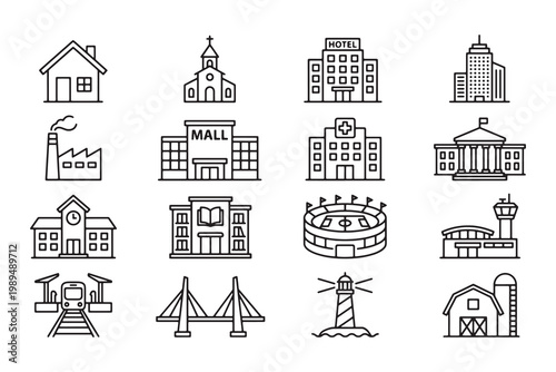Set of sixteen black outline depicting various public buildings, infrastructure, and landmarks on white background