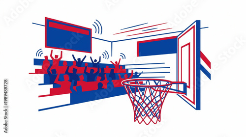 Basketball Hoop and Net in Arena with Fans.