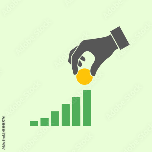 Hand placing coin on bar graph.
