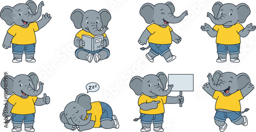 Humanized elephant character poses with large ears yellow t-shirt blue shorts waving reading sleeping jumping for friendly mascot branding design