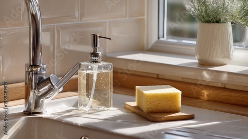Clean Kitchen Sink Arrangement with Soap Dispenser, Sponge, and Natural Light Revealing Modern Interior Style
