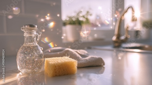 Shimmering Cleaning Essentials with Sparkling Highlights in a Bright Kitchen Setting