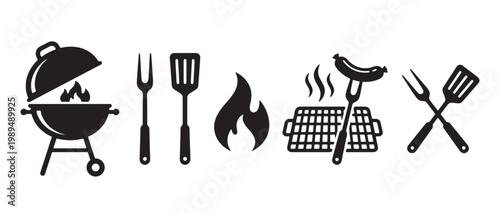 Black silhouette of barbecue grill, cooking utensils, sausage on fork, fire flame, and metal grate on white