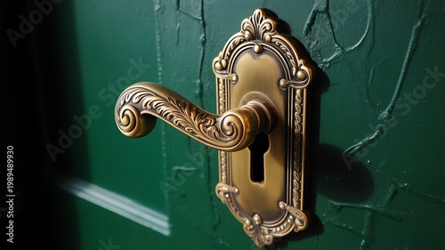Vintage ornate door handle with keyhole on green wooden door for classic interior design and security concept