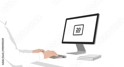 Hand holding mouse near computer screen.