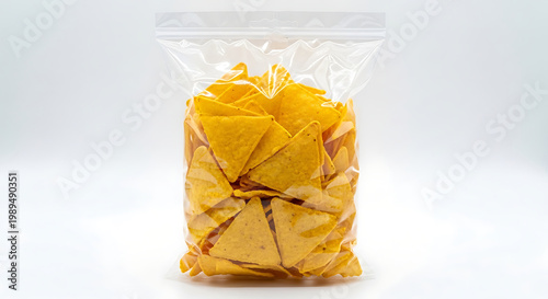 Clear Plastic Bag mockup Filled with Golden Tortilla Chips, Isolated on White Background